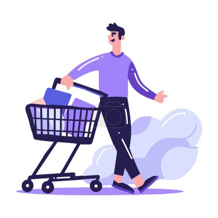 Ilustración de Hand Drawn man with shopping cart in flat style isolated on background - Imagen libre de derechos