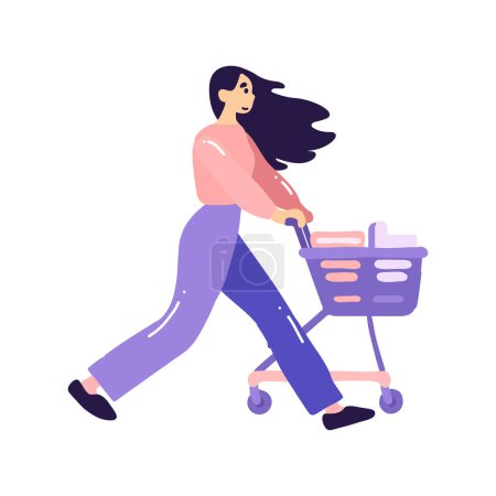 Illustration for Hand Drawn woman with shopping cart in flat style isolated on background - Royalty Free Image