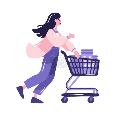 Téléchargez les illustrations : Hand Drawn woman with shopping cart in flat style isolated on background - en licence libre de droit