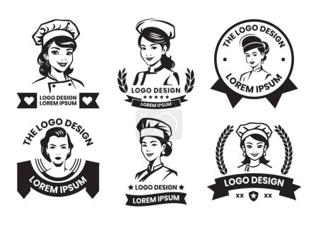 Téléchargez les illustrations : Female chef logo in flat line art style isolated on background - en licence libre de droit