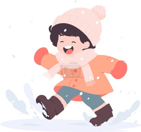 Téléchargez les illustrations : Enfants dessinés à la main jouant dans la neige à Noël dans un style plat isolé sur fond - en licence libre de droit