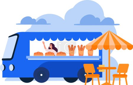 Téléchargez les illustrations : Camion ou Street Food dessiné à la main dans un style plat isolé sur fond - en licence libre de droit