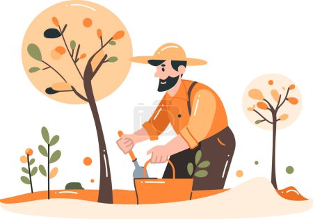 Ilustración de Agricultor Dibujado a Mano plantando verduras en estilo plano aislado sobre fondo - Imagen libre de derechos