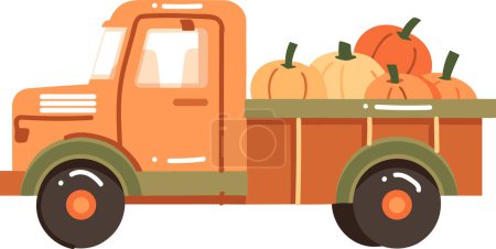 Téléchargez les illustrations : Camion dessiné à la main avec des citrouilles de Thanksgiving dans un style plat isolé sur fond - en licence libre de droit