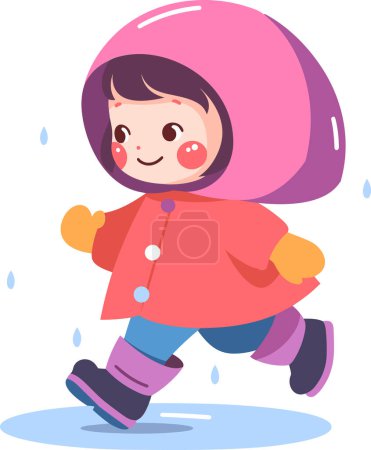 Ilustración de Dibujado a mano Un niño en un impermeable que muestra una expresión alegre de que está lloviendo en estilo plano aislado en el fondo - Imagen libre de derechos