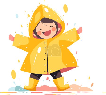 Téléchargez les illustrations : Dessiné à la main Un enfant en imperméable montrant une expression joyeuse qu'il pleut dans un style plat isolé sur le fond - en licence libre de droit