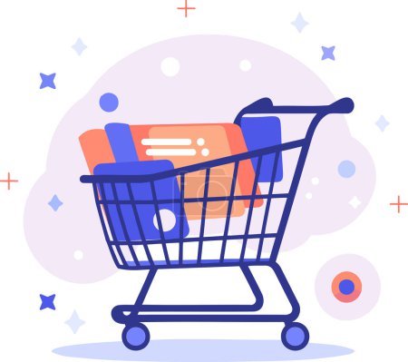 Illustration for Hand Drawn shopping cart full of gifts at the mall in flat style isolated on background - Royalty Free Image