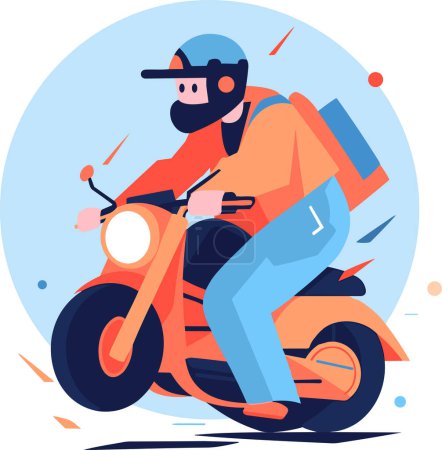 Téléchargez les illustrations : Hand Drawn Biker est à moto avec plaisir dans un style plat isolé sur fond - en licence libre de droit