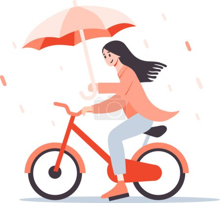 Téléchargez les illustrations : Main dessinée belle femme en vélo et tenant un parapluie dans un style plat isolé sur fond - en licence libre de droit