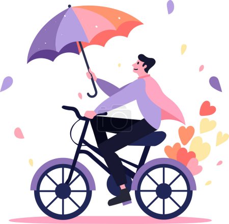 Ilustración de Hombre dibujado a mano montando una bicicleta y sosteniendo un paraguas en estilo plano aislado en el fondo - Imagen libre de derechos