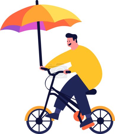 Ilustración de Hombre dibujado a mano montando una bicicleta y sosteniendo un paraguas en estilo plano aislado en el fondo - Imagen libre de derechos