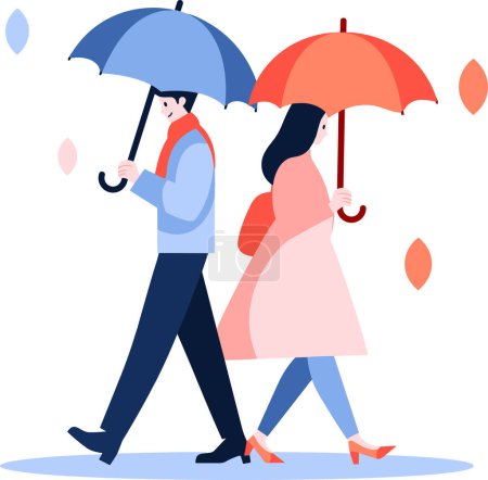 Téléchargez les illustrations : Couple dessiné à la main tenant des parapluies sous la pluie dans un style plat isolé sur fond - en licence libre de droit