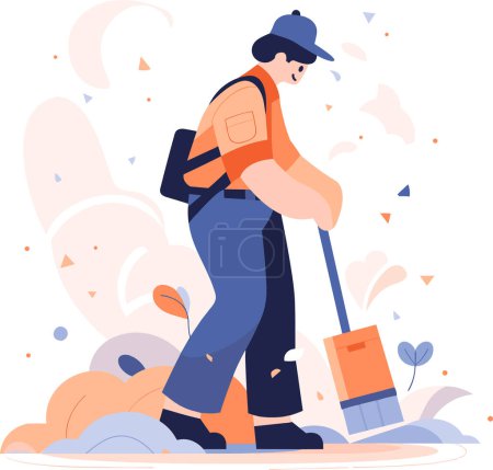 Ilustración de El personal de limpieza feliz dibujado a mano está limpiando el piso en estilo plano aislado en el fondo - Imagen libre de derechos