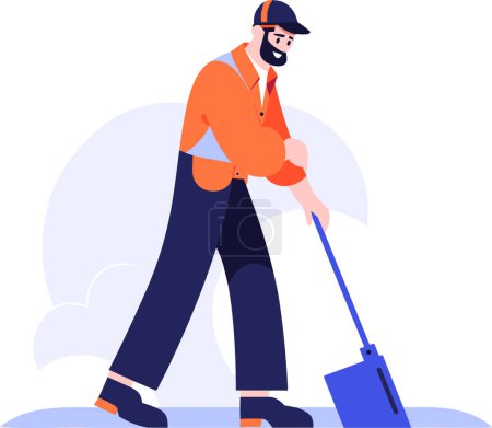Illustration for Hand Drawn happy cleaning staff is cleaning the floor in flat style isolated on background - Royalty Free Image