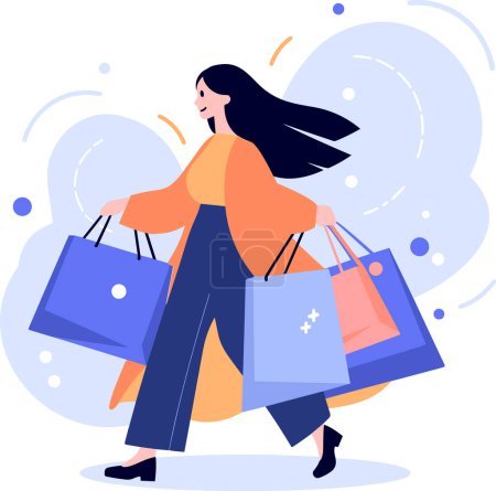 Illustration for Hand Drawn happy Woman holding shopping bags and walking in shopping mall in flat style isolated on background - Royalty Free Image