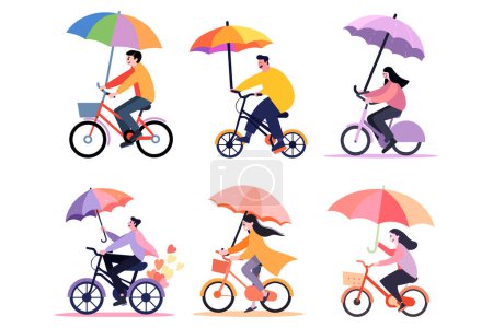 Téléchargez les illustrations : Homme dessiné à la main en vélo et tenant un parapluie dans un style plat isolé sur fond - en licence libre de droit