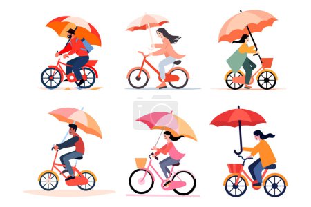 Illustration for Hand Drawn man riding a bicycle and holding an umbrella in flat style isolated on background - Royalty Free Image