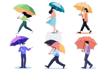 Téléchargez les illustrations : Couple dessiné à la main tenant des parapluies sous la pluie dans un style plat isolé sur fond - en licence libre de droit