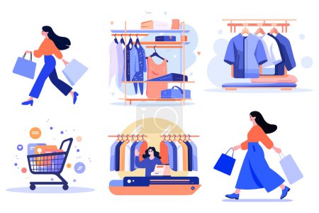 Téléchargez les illustrations : Magasins de vêtements dessinés à la main et magasins dans les centres commerciaux dans un style plat isolé sur fond - en licence libre de droit