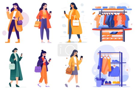 Ilustración de Dibujado a mano mujer feliz sosteniendo bolsas de compras y caminando en el centro comercial en estilo plano aislado en el fondo - Imagen libre de derechos