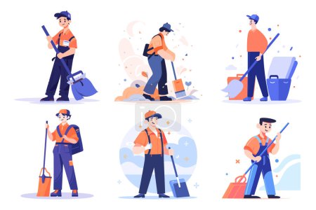 Illustration for Hand Drawn happy cleaning staff is cleaning the floor in flat style isolated on background - Royalty Free Image