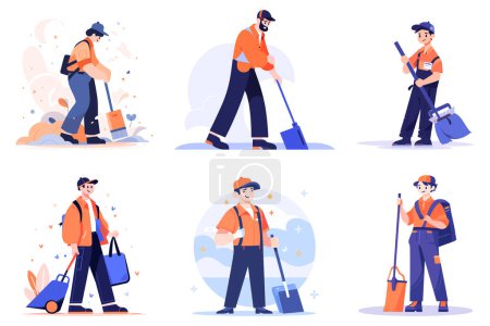 Téléchargez les illustrations : Le personnel de nettoyage heureux dessiné à la main nettoie le sol dans un style plat isolé sur le fond - en licence libre de droit