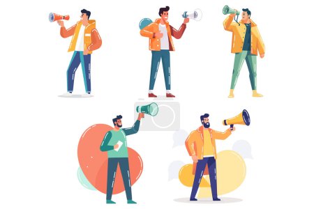 Illustration for Hand Drawn Man holding a megaphone to announce an advertisement in flat style isolated on background - Royalty Free Image