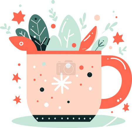 Téléchargez les illustrations : Tasse à café de Noël dessinée à la main dans un style plat isolé sur fond - en licence libre de droit