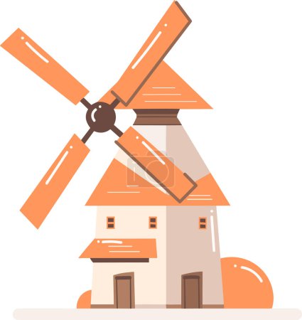 Téléchargez les illustrations : Moulin à vent agricole dessiné à la main dans un style plat isolé sur fond - en licence libre de droit