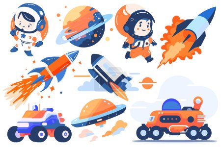 Téléchargez les illustrations : Ensemble d'astronautes et d'objets spatiaux dessinés à la main dans un style plat isolé sur fond - en licence libre de droit