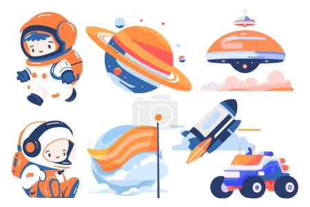 Téléchargez les illustrations : Ensemble d'astronautes et d'objets spatiaux dessinés à la main dans un style plat isolé sur fond - en licence libre de droit