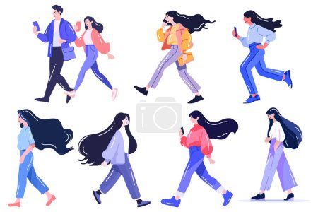 Ilustración de Conjunto dibujado a mano de mujer caminando y corriendo felizmente en estilo plano aislado sobre fondo - Imagen libre de derechos