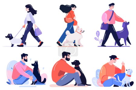 Illustration for Hand Drawn Set of character is walking happily with the dog in flat style isolated on background - Royalty Free Image