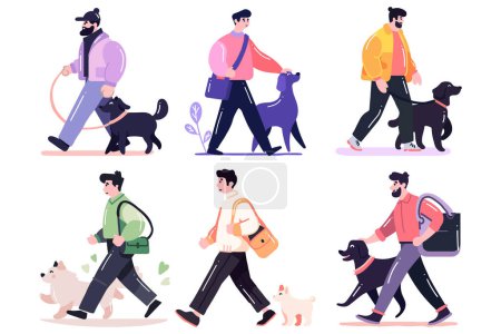 Téléchargez les illustrations : Jeu de caractère dessiné à la main marche joyeusement avec le chien dans un style plat isolé sur fond - en licence libre de droit