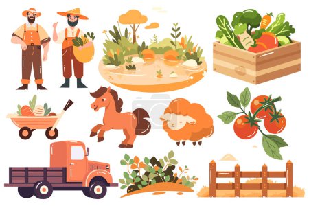 Illustration for Hand Drawn Set of Farmer and farm objects in flat style isolated on background - Royalty Free Image