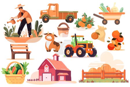 Téléchargez les illustrations : Ensemble d'objets fermiers et agricoles dessinés à la main dans un style plat isolé sur fond - en licence libre de droit