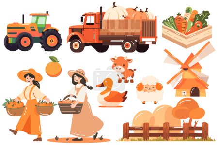 Téléchargez les illustrations : Ensemble d'objets fermiers et agricoles dessinés à la main dans un style plat isolé sur fond - en licence libre de droit