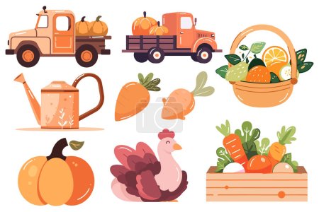 Illustration for Hand Drawn Set of Farmer and farm objects in flat style isolated on background - Royalty Free Image