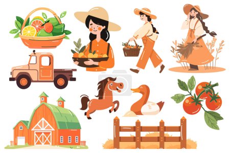 Ilustración de Set de Farmer dibujado a mano y objetos de granja en estilo plano aislados sobre fondo - Imagen libre de derechos
