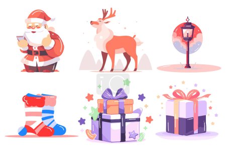 Ilustración de Set de Santa Claus dibujado a mano con objetos navideños en estilo plano aislados sobre fondo - Imagen libre de derechos