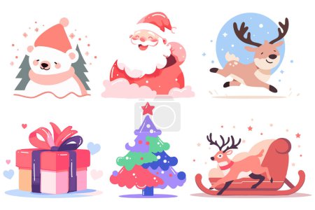 Ilustración de Set de Santa Claus dibujado a mano con objetos navideños en estilo plano aislados sobre fondo - Imagen libre de derechos