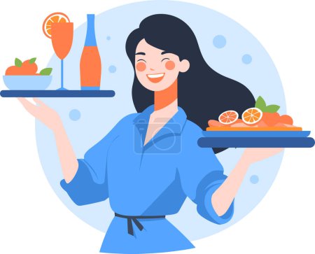 Téléchargez les illustrations : Serveur de nourriture heureux dessiné à la main dans un style plat isolé sur fond - en licence libre de droit