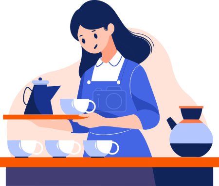 Ilustración de Barista dibujado a mano haciendo café felizmente en estilo plano aislado en el fondo - Imagen libre de derechos