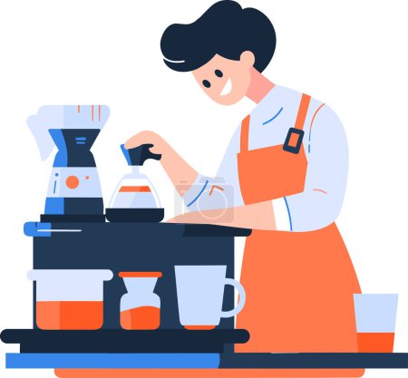 Ilustración de Barista dibujado a mano haciendo café felizmente en estilo plano aislado en el fondo - Imagen libre de derechos