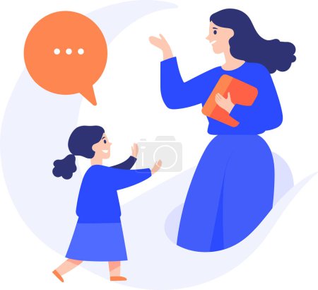 Téléchargez les illustrations : Main dessinée mère et enfant parlant joyeusement dans un style plat isolé sur fond - en licence libre de droit
