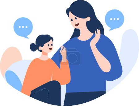 Ilustración de Dibujado a mano madre e hijo hablando felizmente en estilo plano aislado en el fondo - Imagen libre de derechos