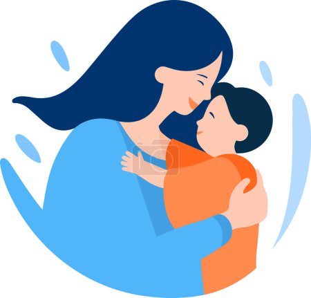 Ilustración de Madre dibujada a mano abrazando a su hijo felizmente en estilo plano aislado en el fondo - Imagen libre de derechos