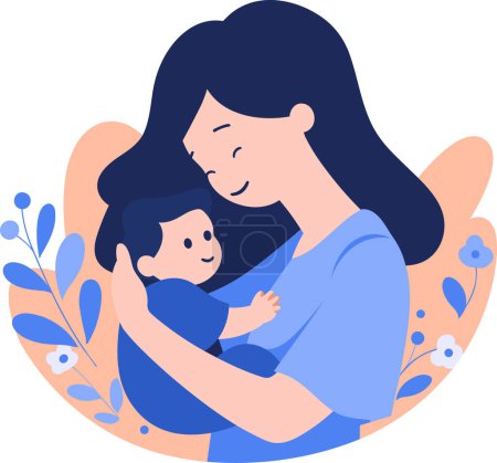 Ilustración de Madre dibujada a mano abrazando a su hijo felizmente en estilo plano aislado en el fondo - Imagen libre de derechos