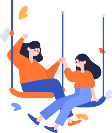 Illustration for Hand Drawn mother playing on swings with child in flat style isolated on background - Royalty Free Image
