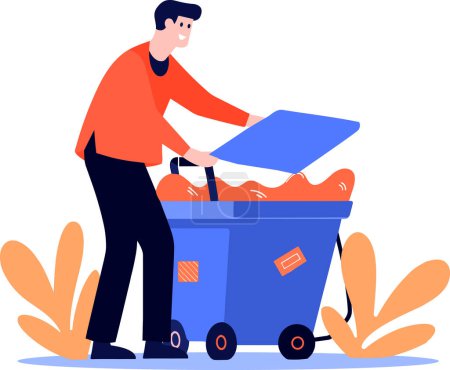 Téléchargez les illustrations : Homme dessiné à la main avec bac de recyclage dans un style plat isolé sur fond - en licence libre de droit
